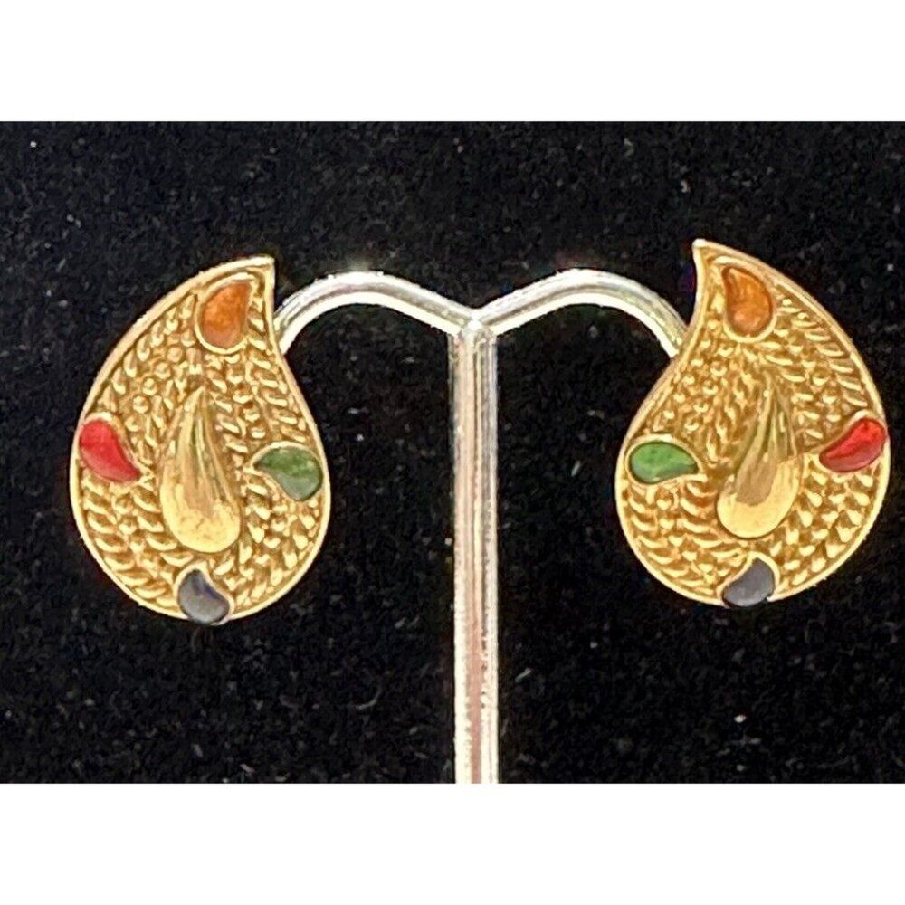 Vintage 80s Gold tone Multi Color Enamel teardrop pierced Earring